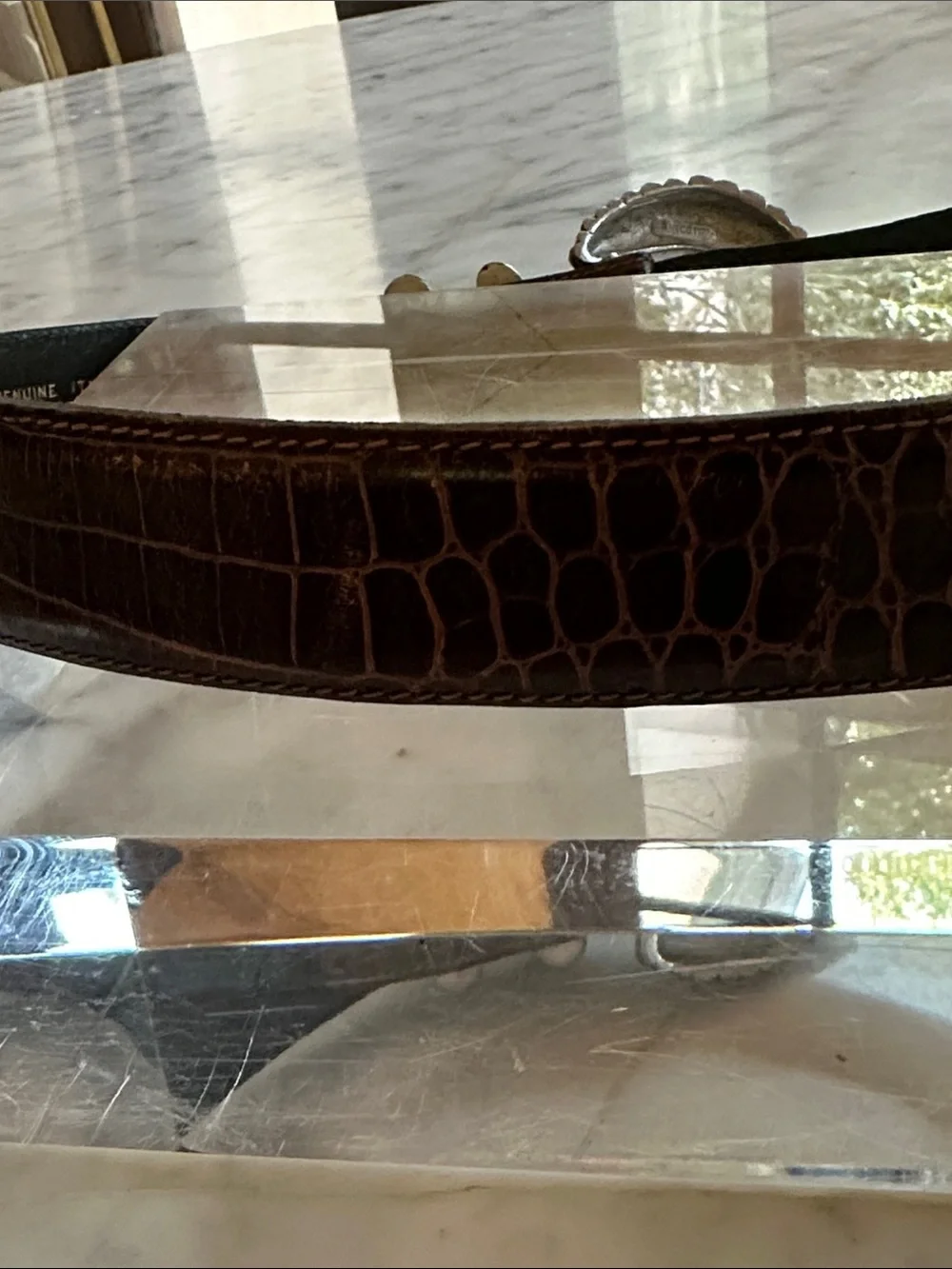 Vicenza Genuine Italian Calfskin. Brown Crocodile Embossed. Silver Tone Buckles.